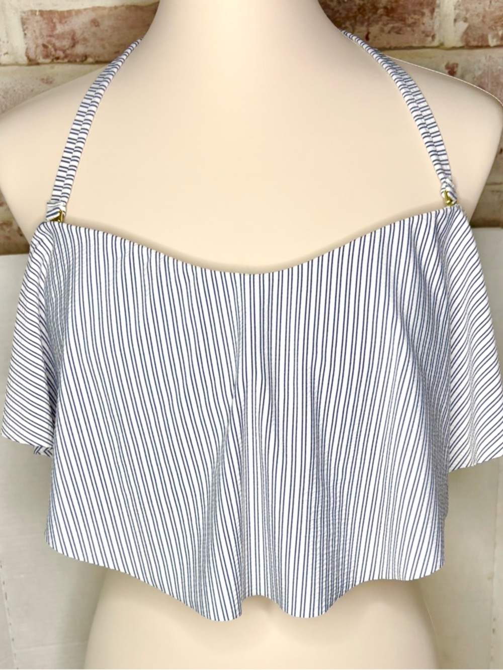 Xhilaration Striped Bandeau Flounce Bikini Top 14W NWT Blue White Halter Swim